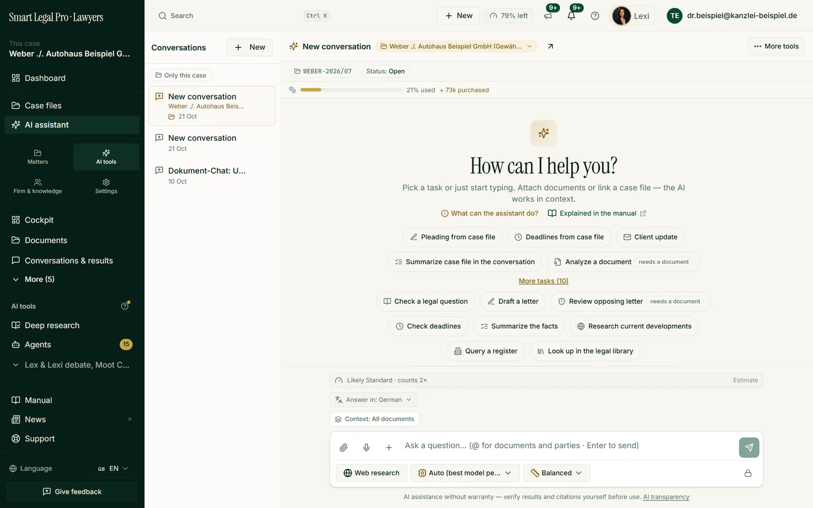 The assistant offers tasks such as pleading from case, deadlines from case and client update, related to the selected case.