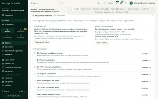 The sample case file guides you through ten things to try – from the source of a fact and the objection to a deadline calculation based on documented receipt.