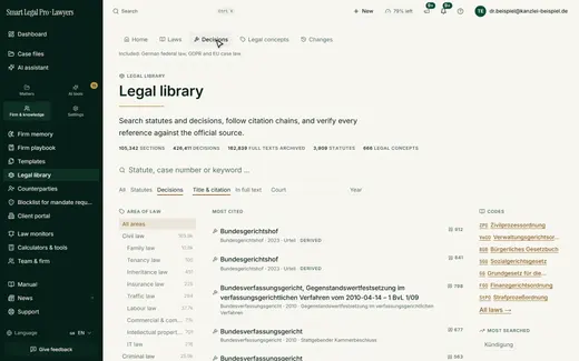 The decision search lists the most-cited decisions and can be narrowed by area of law, court and year.