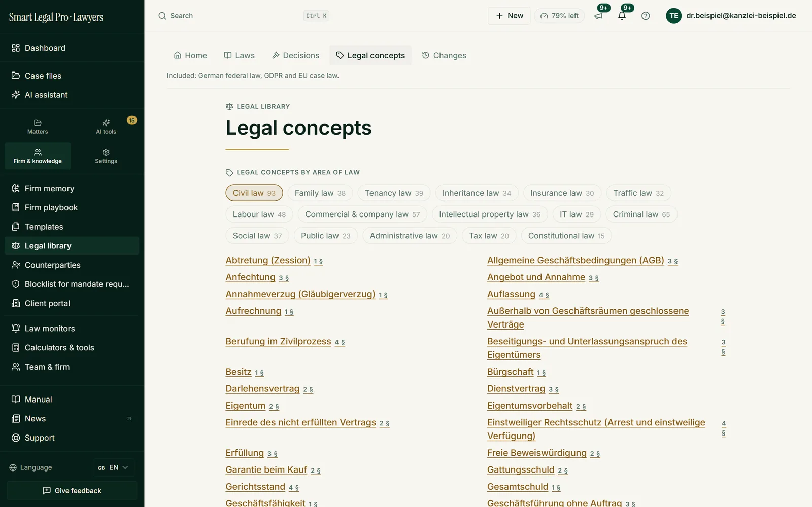 The concept register arranges legal concepts by area of law; each concept is linked to its provisions.