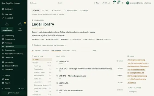 The legal library searches provisions and decisions by provision, file number or keyword, filters by area of law and shows the most-cited provisions.