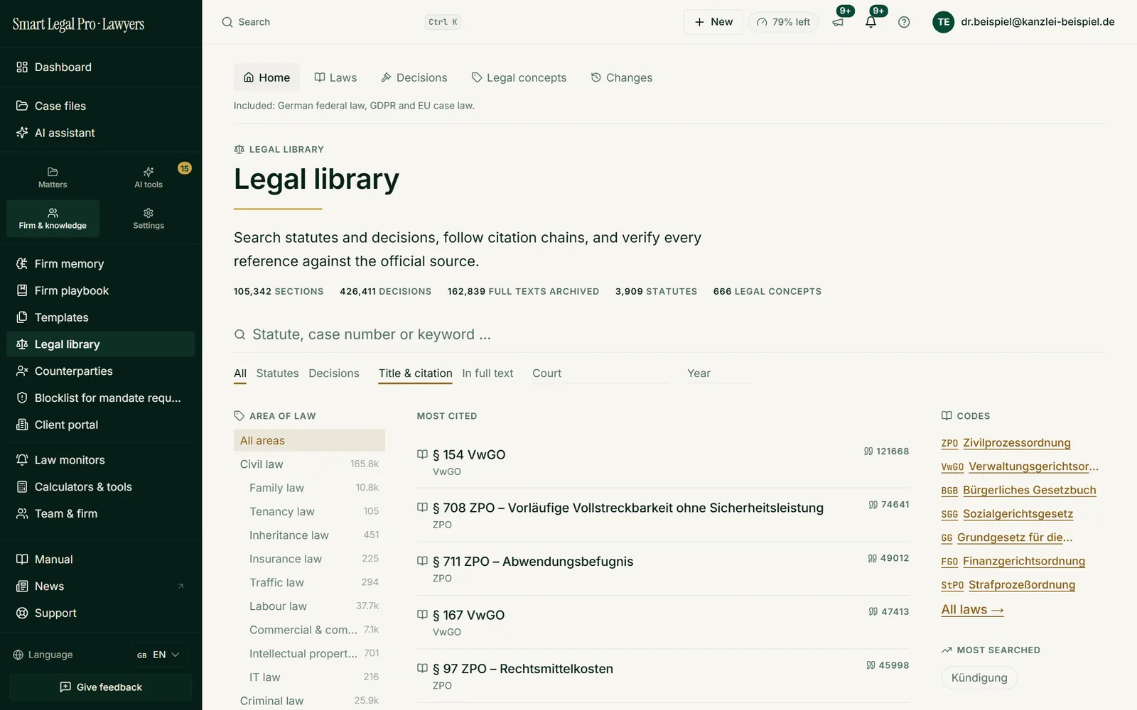 The legal library searches provisions and decisions by provision, file number or keyword, filters by area of law and shows the most-cited provisions.