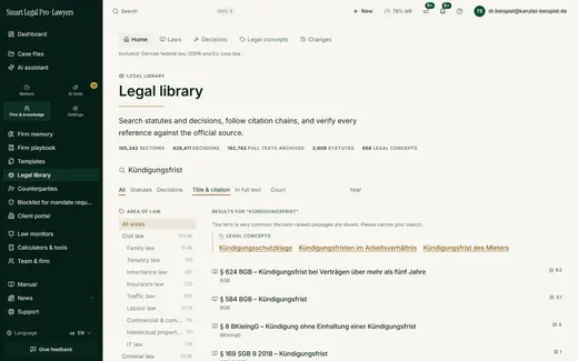 One keyword is enough: the search finds sections, decisions and legal concepts at once and orders them by match and citation frequency.