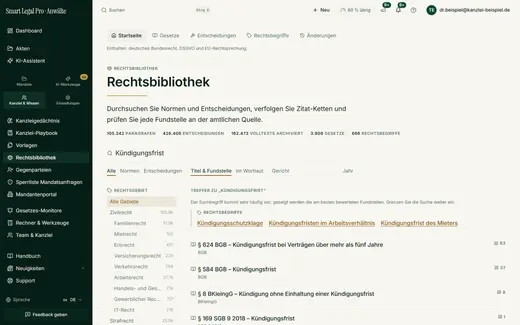 Ein Stichwort genügt: Die Suche findet Paragraphen, Entscheidungen und Rechtsbegriffe zugleich und ordnet sie nach Treffer und Zitierhäufigkeit.
