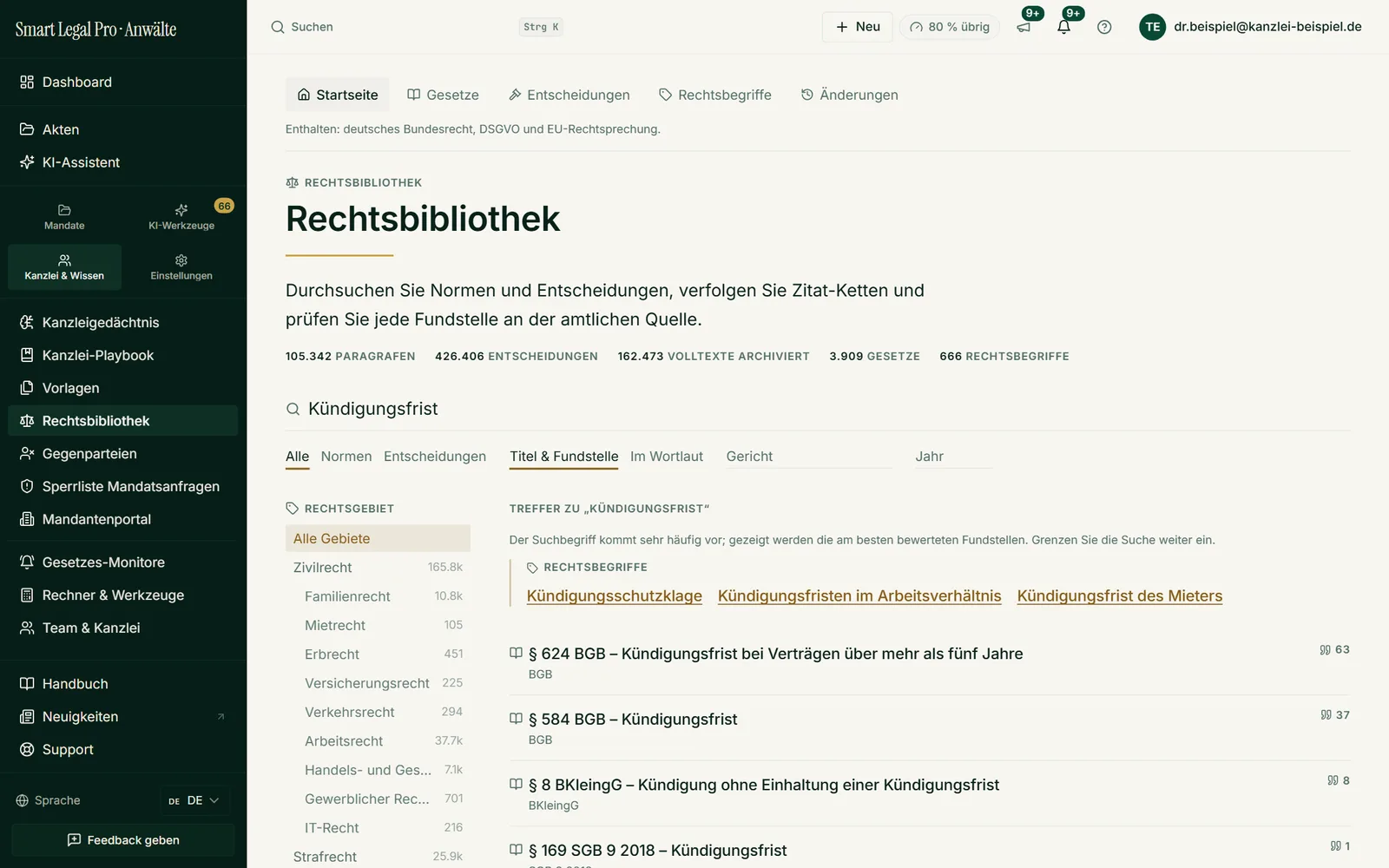 Ein Stichwort genügt: Die Suche findet Paragraphen, Entscheidungen und Rechtsbegriffe zugleich und ordnet sie nach Treffer und Zitierhäufigkeit.