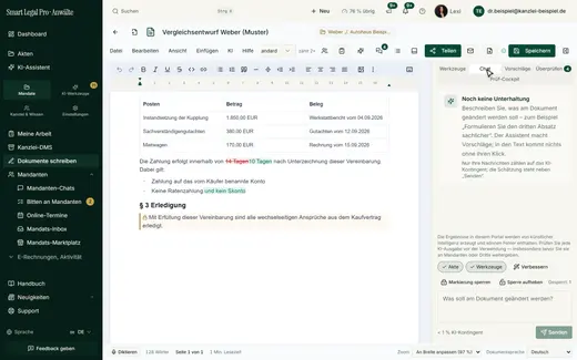 „Markierung sperren“ im Chat-Reiter schützt einen Absatz; der gesperrte Absatz trägt ein Schloss, der Zähler nennt die Zahl der Sperren.