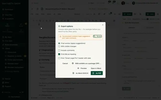 Before export, the editor lists open change suggestions and comments; then you choose Word, PDF or the package with exhibits.
