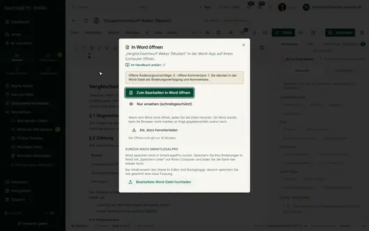Der Dialog öffnet das Dokument in Word und erklärt den Rückweg: bearbeitete Datei hochladen, sie wird zur neuen Fassung.