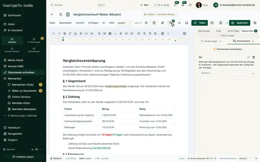 Der Reiter „Kommentare“ zeigt den Thread zur markierten Stelle mit Antwortfeld, Haken zum Auflösen und Papierkorb.