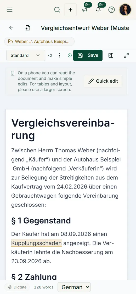 The editor on a phone with title, case file reference, Save and the document at a readable width; long words are hyphenated.