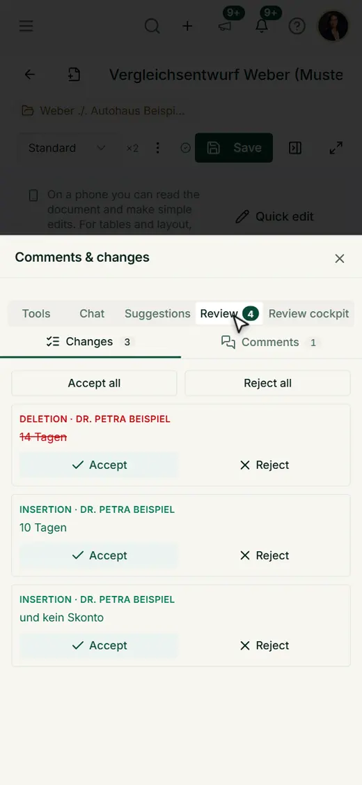 The "Comments & changes" sheet shows the suggestions with Accept and Reject, just as on a computer.