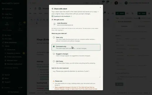 "Share" releases the draft: recipients from the case file, a level from "View only" to "Edit freely", and a note to the client.
