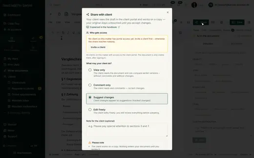 If no client has portal access yet, the dialog points this out and offers "Invite clients".