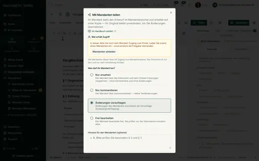 Hat noch kein Mandant Zugang zum Portal, weist der Dialog darauf hin und bietet „Mandanten einladen“ an.