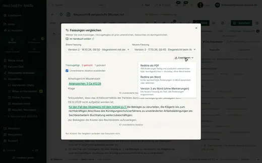 Aus dem Fassungsvergleich erzeugen Sie die Redline als PDF, als Word mit nachverfolgten Änderungen oder die neue Fassung ohne Markierungen.