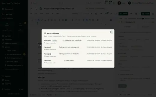 Each version carries a keyword, date and author; earlier versions can be viewed, named and restored.