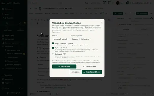 „Weitergeben“ erzeugt Clean und Redline gegenüber einer Vorfassung als Word oder PDF, als Datei oder ZIP.