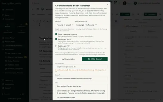 Die Vorbelegung für den Mandanten nimmt die zuletzt gesendete Fassung als Vergleich und bereitet einen E-Mail-Entwurf mit beiden Dateien vor.