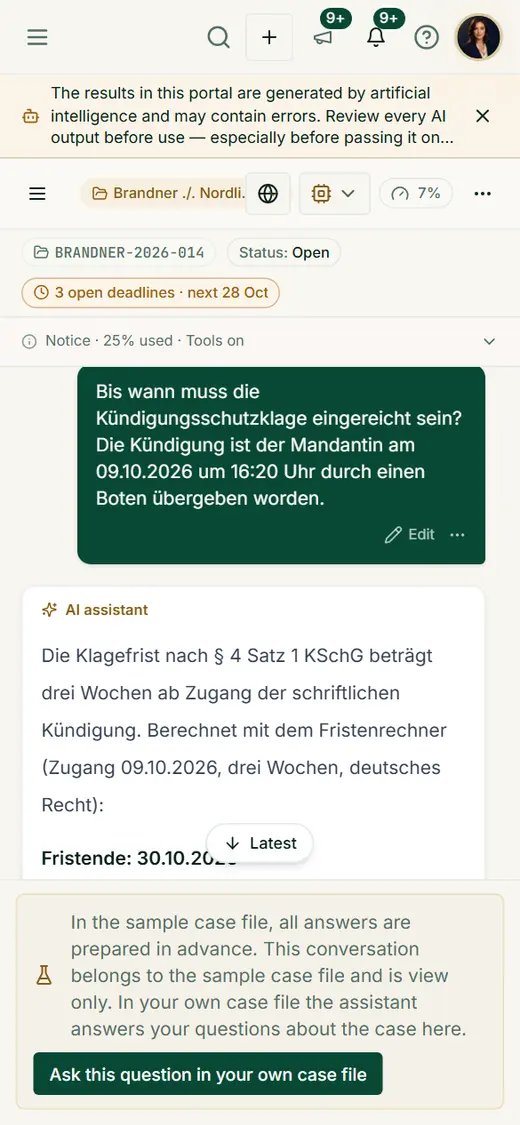 The deadline answer in the single-column view: question, calculated end date and the stated assumptions – readable and verifiable on the go.
