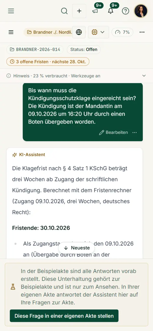 Die Fristantwort in der einspaltigen Ansicht: Frage, berechnetes Fristende und die genannten Annahmen – unterwegs lesbar und nachprüfbar.