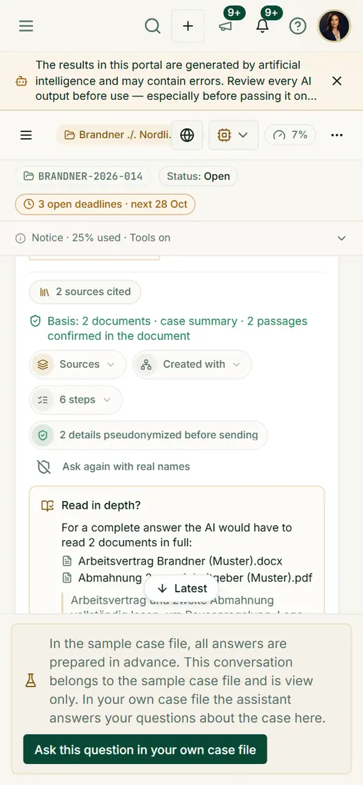 On mobile, too, the assistant asks before reading large documents in full and shows what would be read and what it gains.
