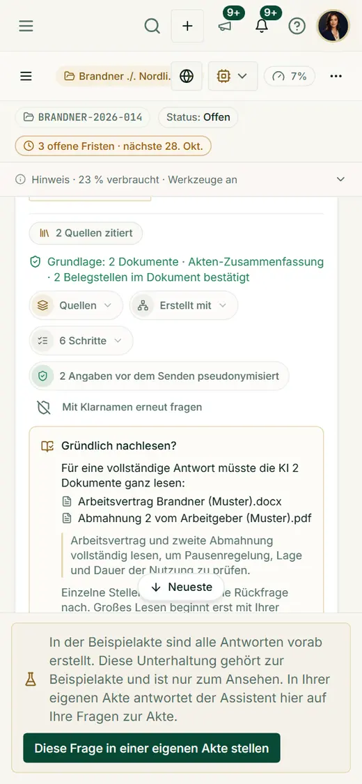 Auch mobil fragt der Assistent vor dem vollständigen Lesen großer Unterlagen und zeigt, was gelesen würde und was es bringt.