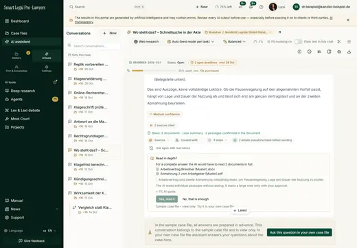 If what is loaded is not enough, the assistant answers with what is supported, names what is unread and offers full reading with one click – with a cost note.