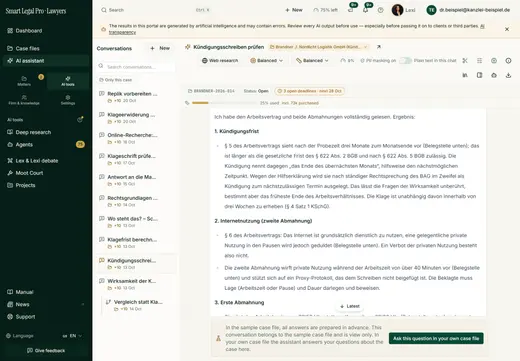 After your approval the assistant reads the documents in full and answers in a structured way, with references to the supporting passages in the document.