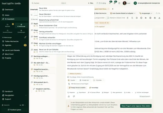 Das „Neu“-Menü der Kopfzeile startet Akte, Mandant, Besprechung, Assistenten-Chat, Entwürfe, nächste Schritte und Lex-&-Lexi-Debatte.