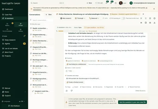 The research names its web sources and basis; with one click you carry the supported finding into the next answer – or leave it out.