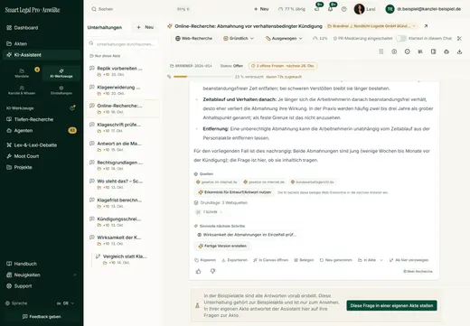 Die Recherche nennt ihre Webquellen und die Grundlage; mit einem Klick übernehmen Sie die belegte Erkenntnis in die nächste Antwort – oder lassen sie weg.