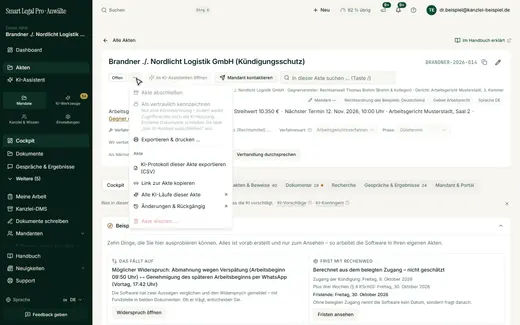 Case Menu: Close, Export, AI Log and Changes