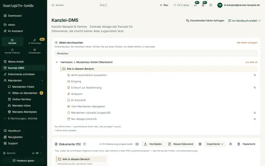 Im Kanzlei-DMS finden Sie jede Akte über Titel, Mandant oder Gegner und springen direkt in den gewünschten Ordner der Akte.