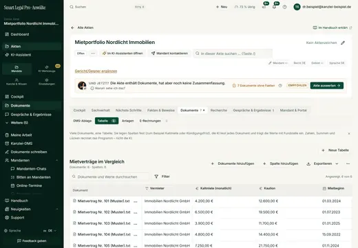 Dokumenten-Tabelle: sechs Mietverträge nebeneinander, Werte mit Kennzahlen