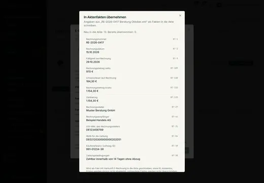 Aus einer geprüften E-Rechnung übernehmen Sie Betrag, Fälligkeit und Parteien als Fakten in die Akte – jeder Wert mit seiner Feldkennung.