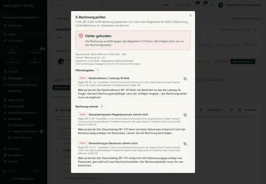 Die Prüfung einer XRechnung nennt jeden Fehler mit Regel-ID, Fundstelle in der Datei und Handlungsanweisung – kostenlos und ohne KI.