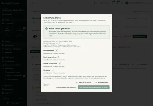 Eine formal korrekte Rechnung zeigt grün; der Bericht nennt Regelstand und Prüfdatum und stellt klar, dass es eine Prüfhilfe ist.