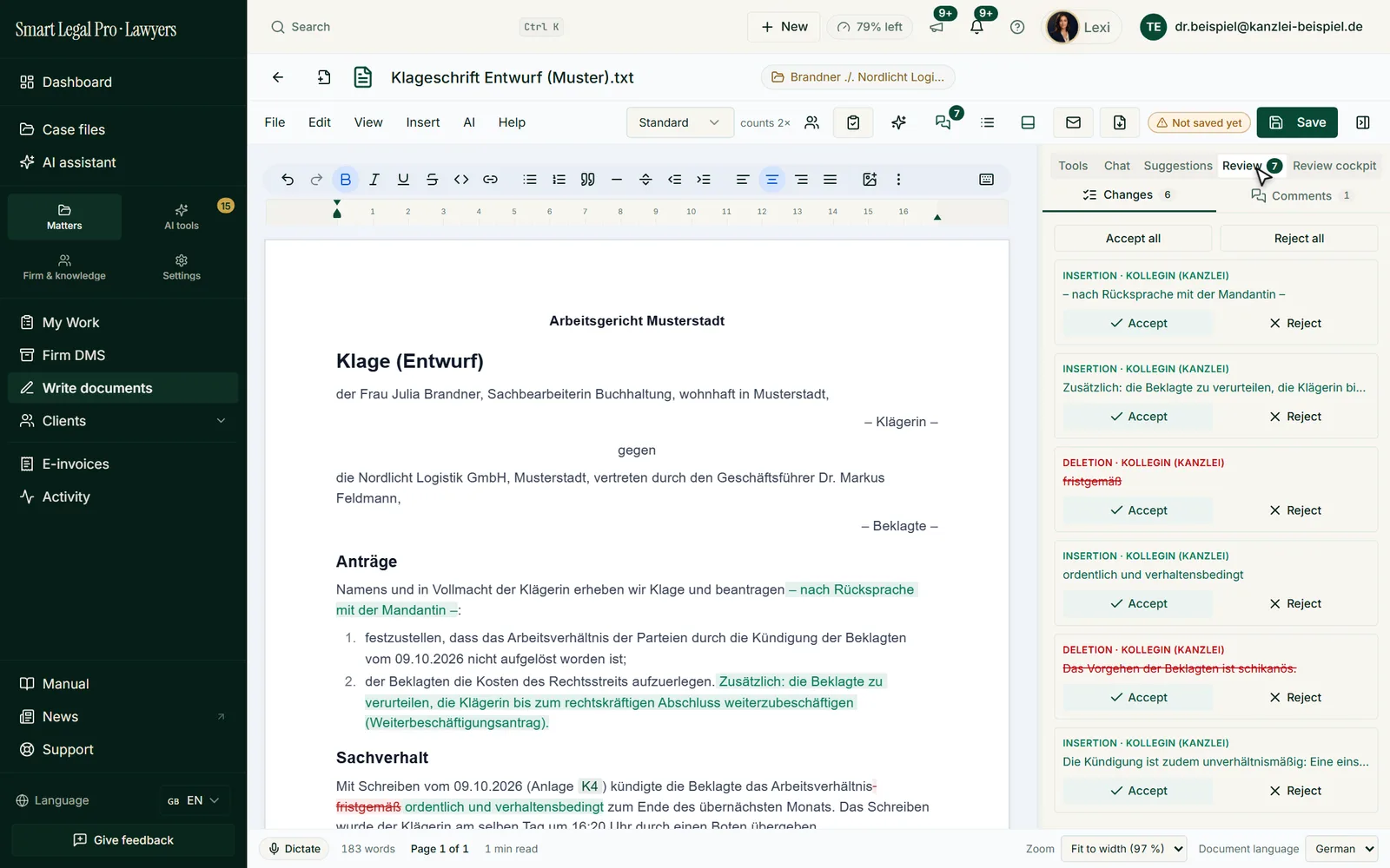 The “Review” panel lists every tracked change with type and author and lets you accept or reject them individually or all at once.