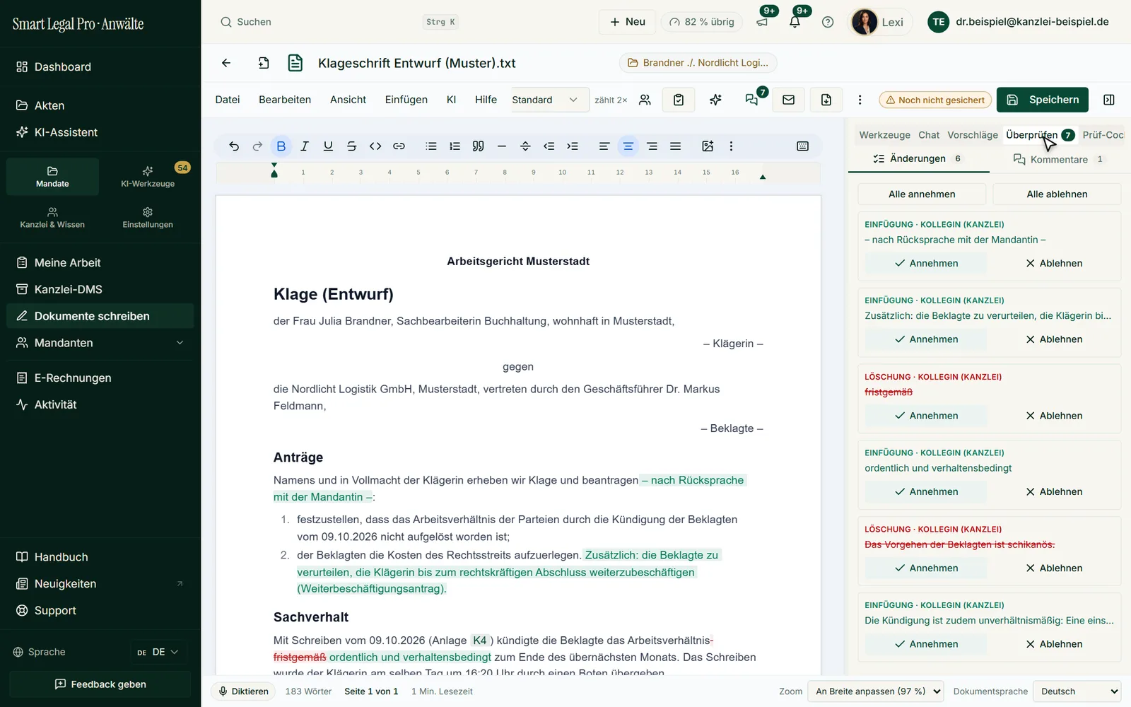 The “Review” panel lists every tracked change with type and author and lets you accept or reject them individually or all at once.