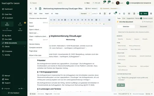 The File menu bundles save, export, open in Word, share, print, version history and comparing versions.