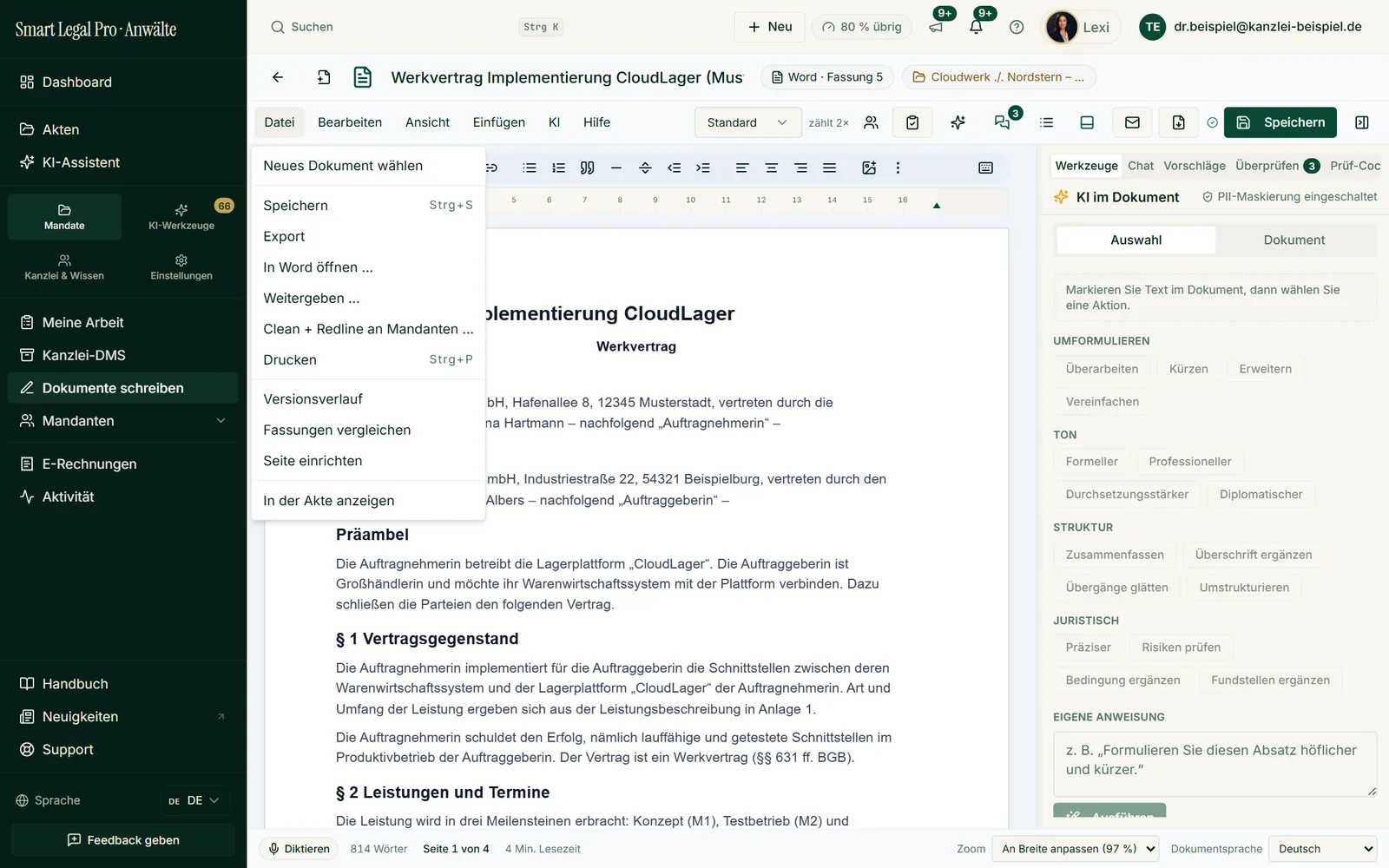 The File menu bundles save, export, open in Word, share, print, version history and comparing versions.