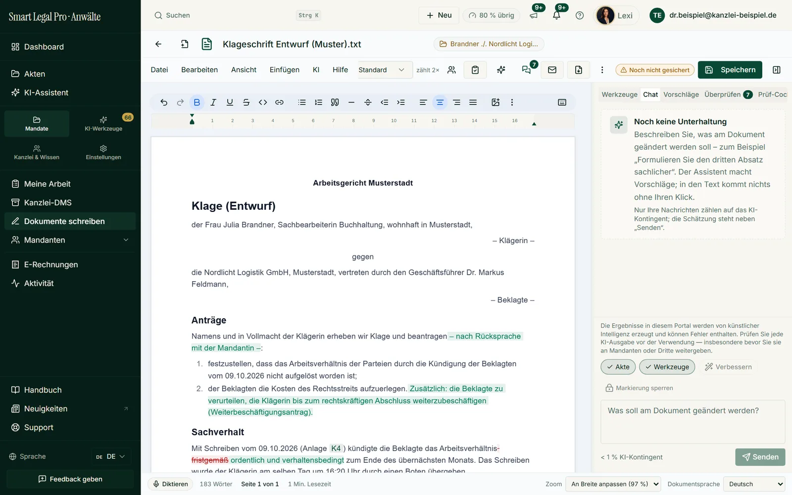 In the “Chat” tab you discuss the document with the AI; suggestions enter the text only on your click.