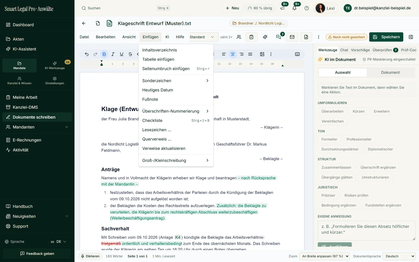 The editor brings the toolkit for long pleadings: table of contents, tables, footnotes, bookmarks and cross-references.