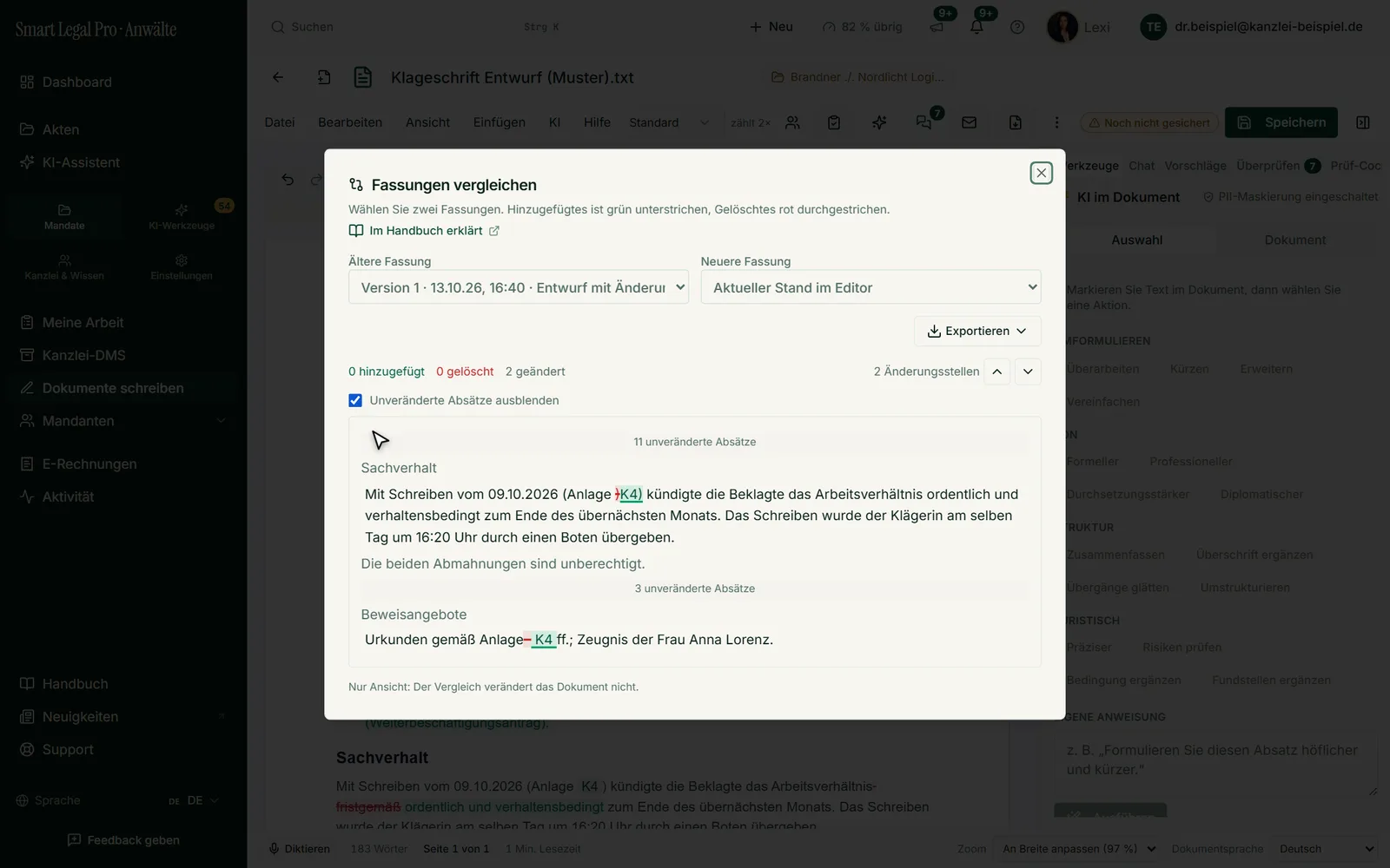 Two versions of a pleading side by side: additions underlined in green, deletions struck through in red, unchanged paragraphs can be hidden, with export.