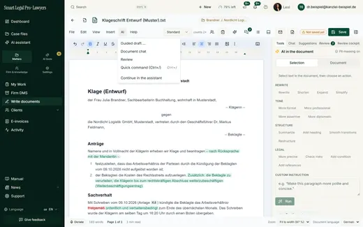 The AI menu leads to everything the AI can do on the document; suggestions are adopted only on your click.