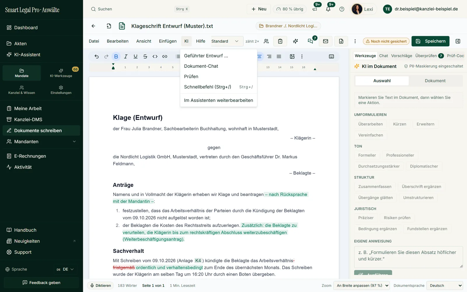The AI menu leads to everything the AI can do on the document; suggestions are adopted only on your click.