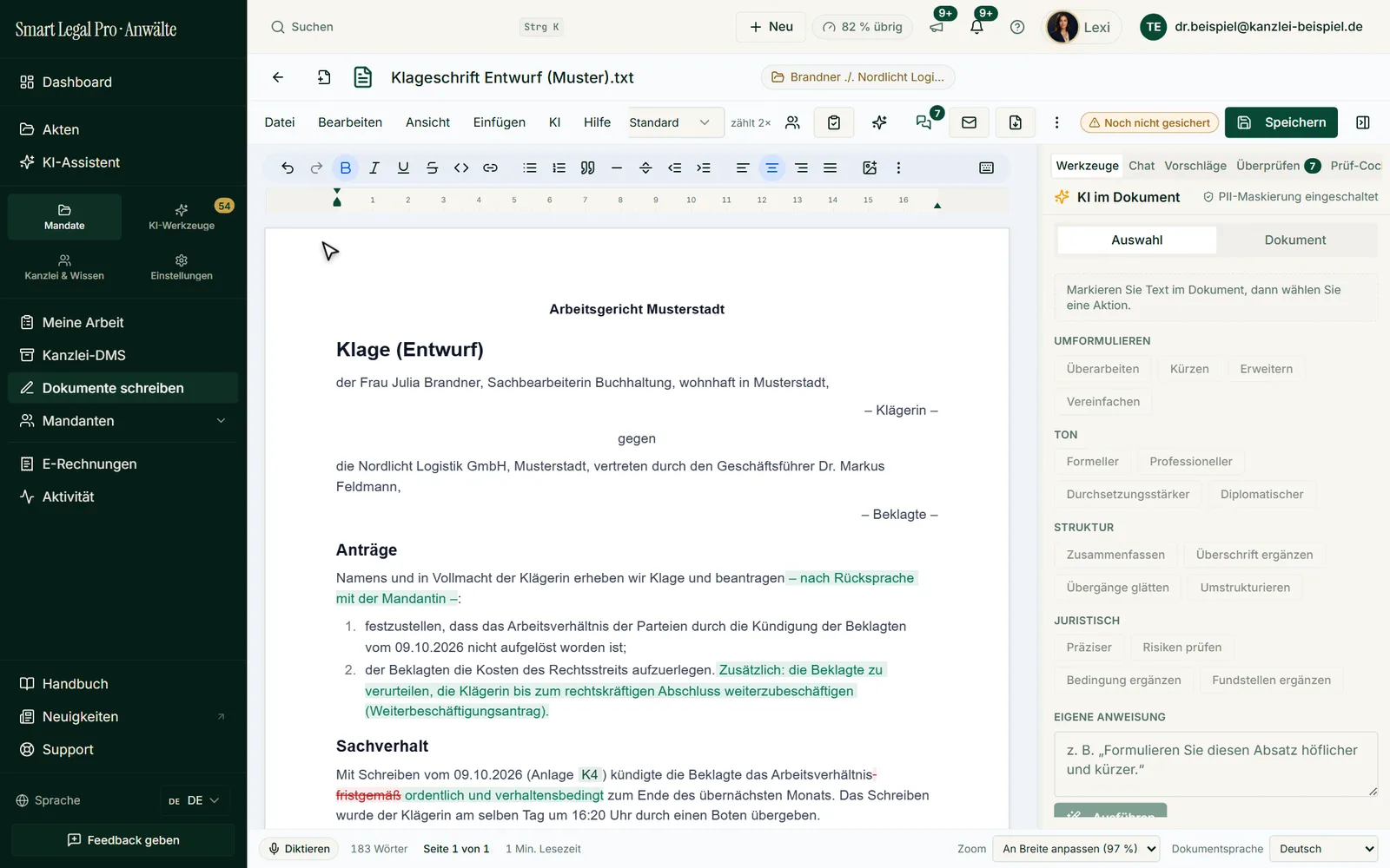 A draft complaint in the Word-like editor with menu, ruler and tool panel for rephrasing, tone, structure and legal actions; changes are tracked.
