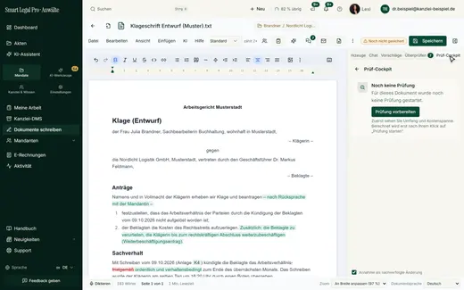 Das Prüf-Cockpit im Editor prüft ein Dokument auf Wunsch: Zuerst sehen Sie Umfang und Kostenspanne, berechnet wird erst nach Ihrem Klick.