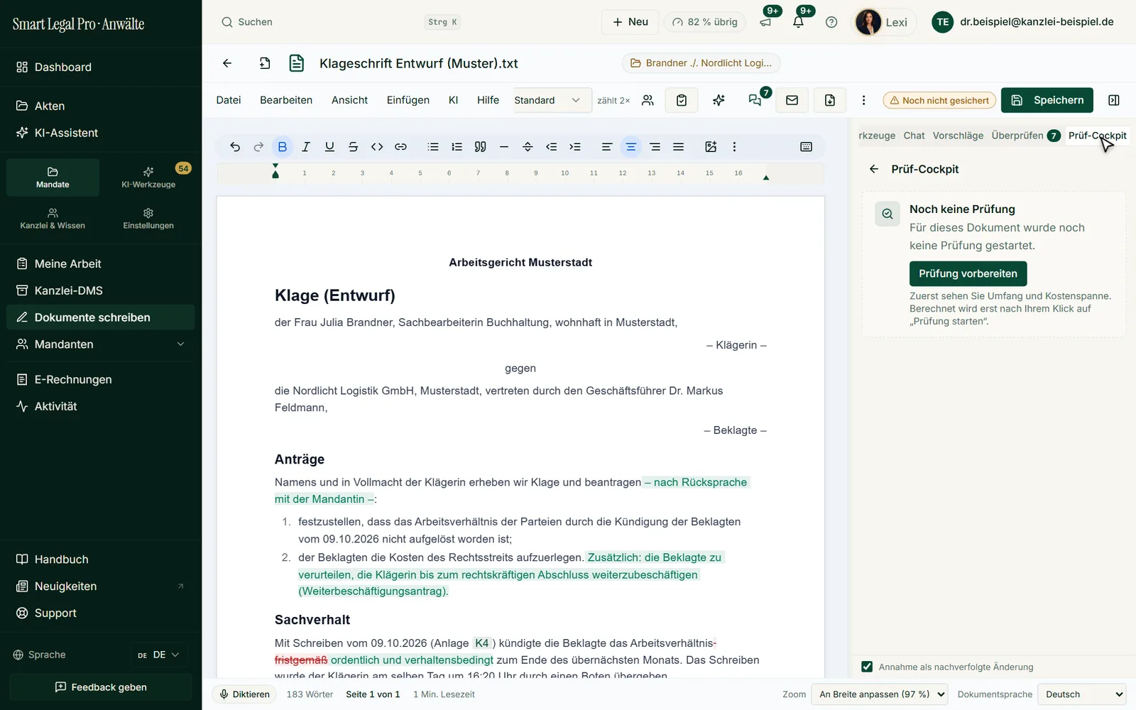 The review cockpit in the editor reviews a document on request: first you see scope and cost range, and billing starts only after your click.