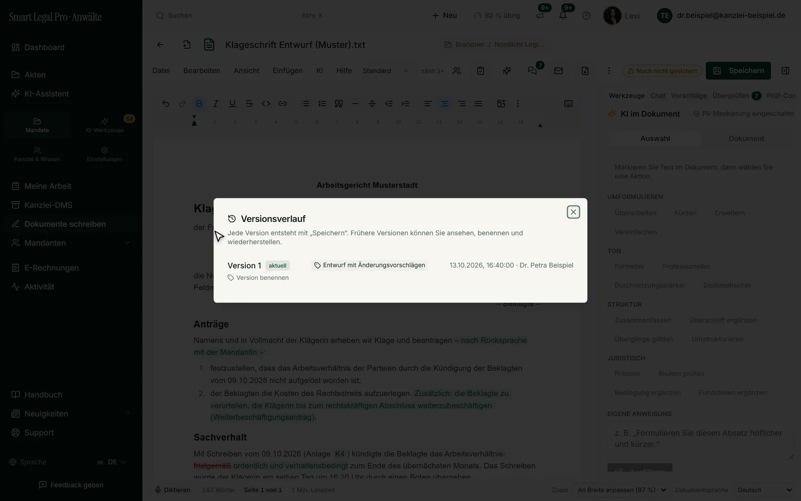 Every version is created with “Save”; the history shows date, editor and label, and earlier versions can be viewed, named and restored.